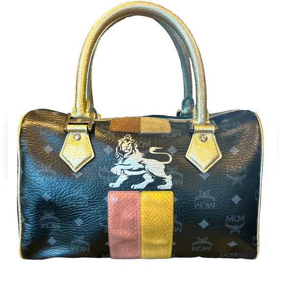 MCM Handbags - 🔥 MCM 🔥Visetos Lion Princess Boston Black and Gold Lion Print Bag